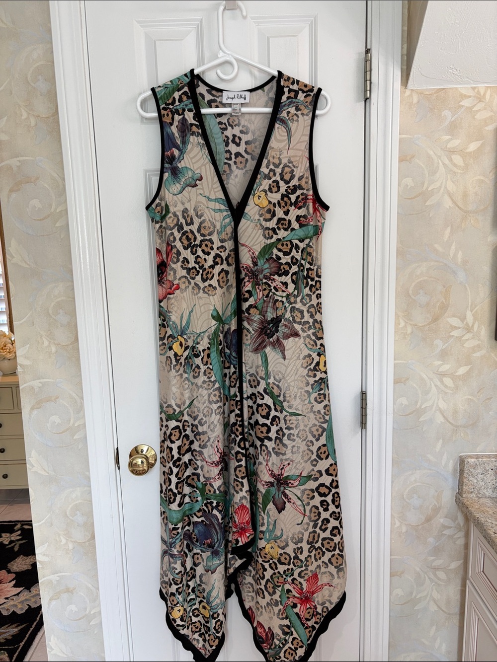 Joseph Ribkoff Vintage Leopard Floral  Long Vest Dress in Beige with Black Trim